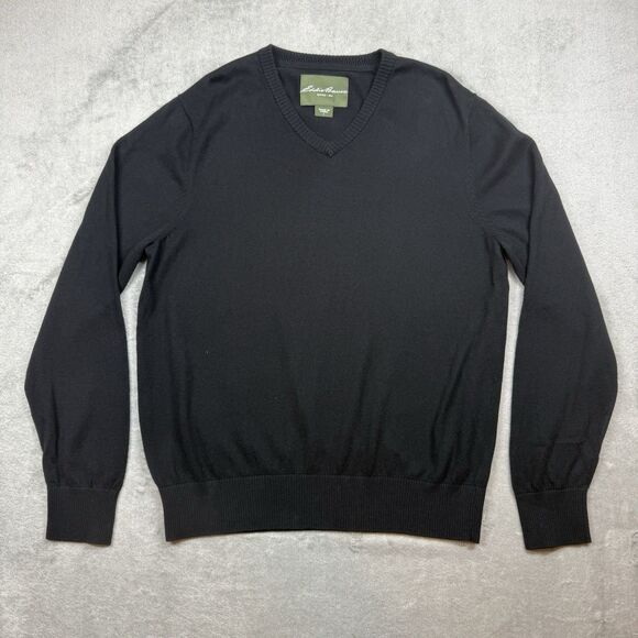 Eddie Bauer Sweater Mens L Black Cotton Knit Long Sleeve V-Neck Pullover Casual - Picture 1 of 8